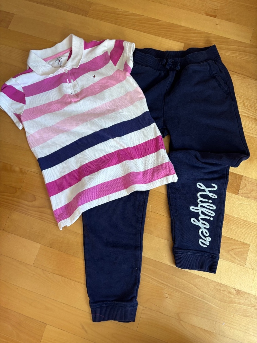 Tommy Hilfiger Outfit Girls Size 12-14 Pink Striped Polo Shirt & Navy Joggers